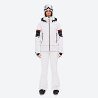 
                  
                    Women's breathable striped ski jacket with bibs - white jacket with white pants, for resort and backcountry days
                  
                