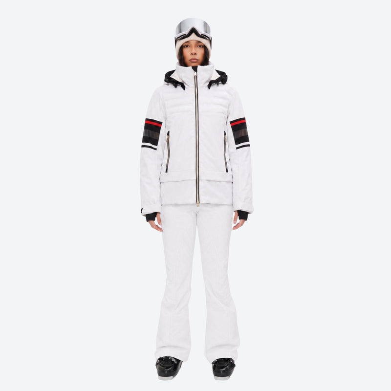 Women's breathable striped ski jacket with bibs - white jacket with white pants, for resort and backcountry days