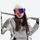 Ribbed knit snow cap with short brim - cream knit snow cap with brim on women with goggles and skis, for snow sports weekends