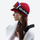 Frost knit snow beanie and brim cap series - red letter knit snow cap with brim on women with goggles, for resort ski days