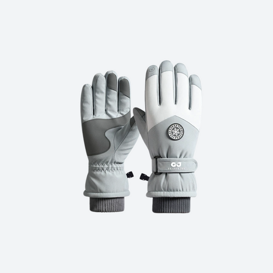 Water repellent ski gloves with touchscreen fingertips - gray white snow gloves, for snow sports weekends