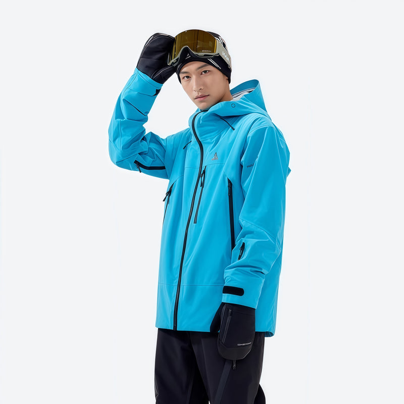 Men's waterproof 3L insulated snow jacket - blue insulated jacket, F3 with hand at goggles, for cold-weather winter sports