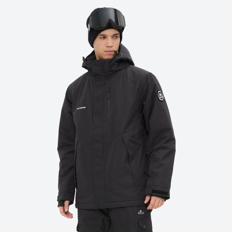 Unisex snowboard jacket and bibs set - black, on-model front with goggles on head, for skiing and snowboarding