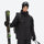 Unisex snowboard jacket and bibs set - black, front with upright skis and poles, for cold-weather winter sports