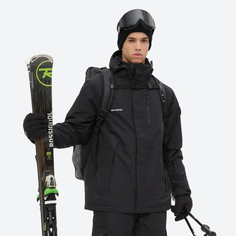 Unisex snowboard jacket and bibs set - black, front with upright skis and poles, for cold-weather winter sports