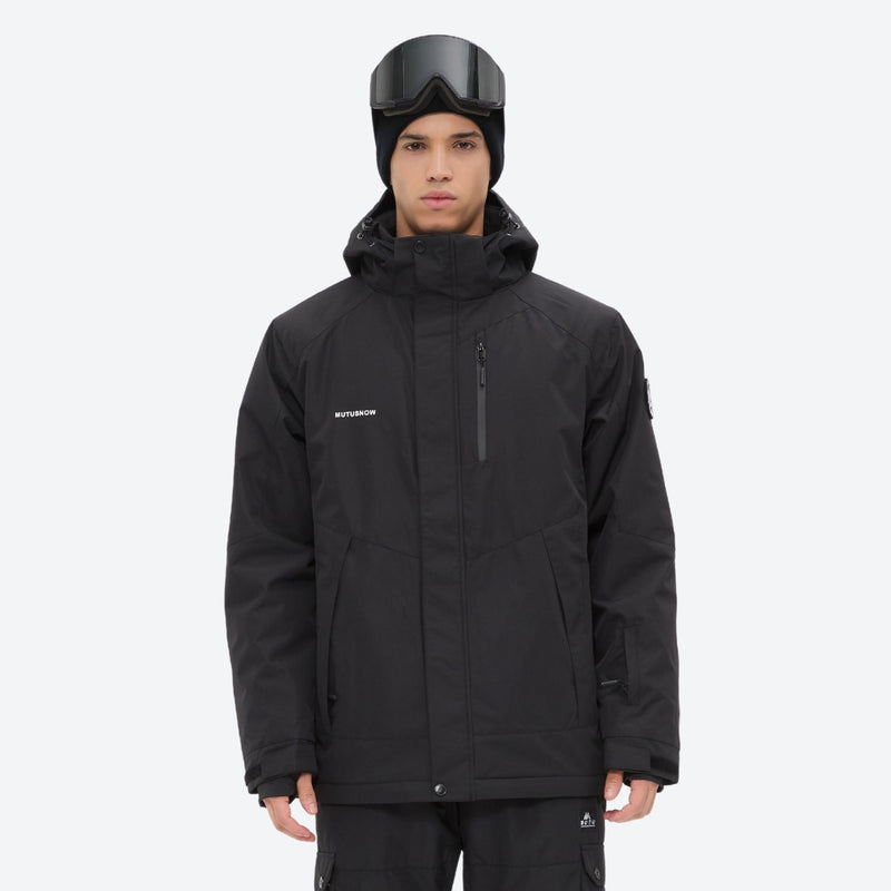 Unisex waterproof 2L snow jacket and bib pants series - black, on-model full-body front view, for skiing and snowboarding