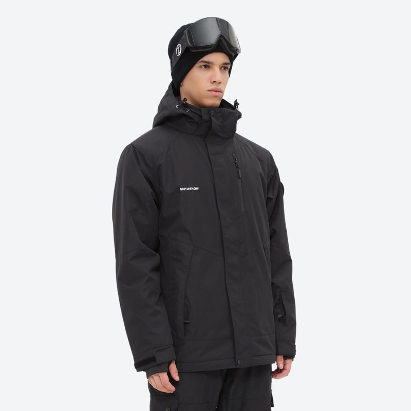 Breathable 2-layer ski jacket with suspender bibs - black, on-model three-quarter front view, for resort and backcountry days