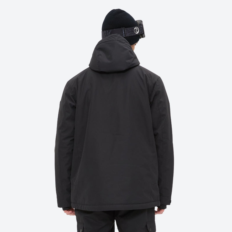 Unisex waterproof 2L snow jacket and bib pants series - black, on-model back hood view, for cold-weather winter sports