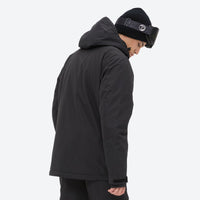 
                  
                    Breathable 2-layer ski jacket with suspender bibs - black, on-model hood side view, for skiing and snowboarding
                  
                