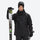 Unisex snowboard jacket and bibs set - black, front with upright skis and poles, for resort and backcountry days