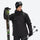 Unisex waterproof 2L snow jacket and bib pants series - black, front with upright skis and poles, for powder and piste riding