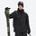 Breathable 2-layer ski jacket with suspender bibs - black, front with upright skis and poles, for cold-weather winter sports