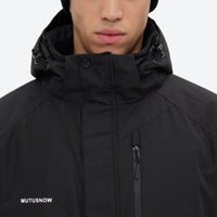 
                  
                    Breathable 2-layer ski jacket with suspender bibs - black, collar close-up detail, for resort and backcountry days
                  
                