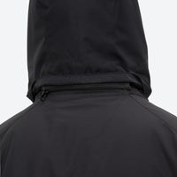 
                  
                    Breathable 2-layer ski jacket with suspender bibs - black, back hood close-up detail, for skiing and snowboarding
                  
                