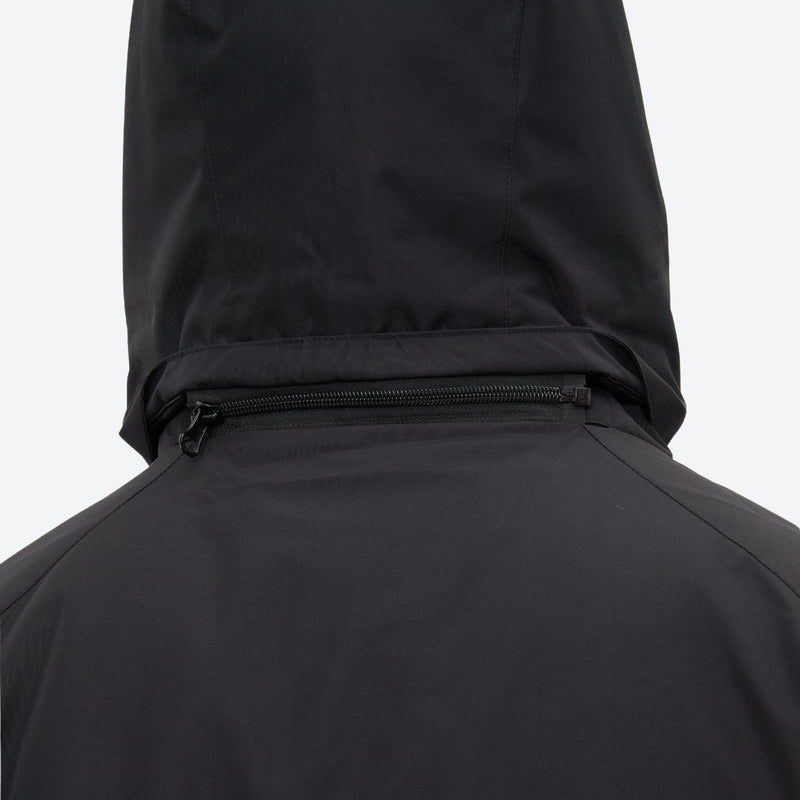 Breathable 2-layer ski jacket with suspender bibs - black, back hood close-up detail, for skiing and snowboarding