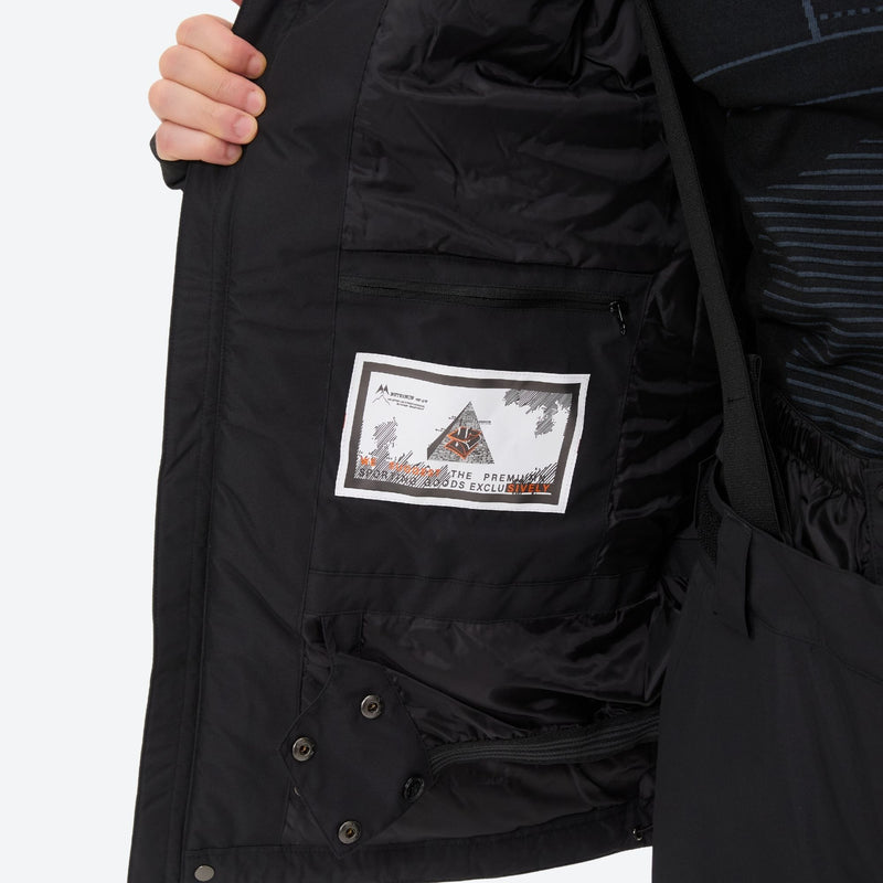 Breathable 2-layer ski jacket with suspender bibs - black, interior label close-up detail, high storm collar blocks wind