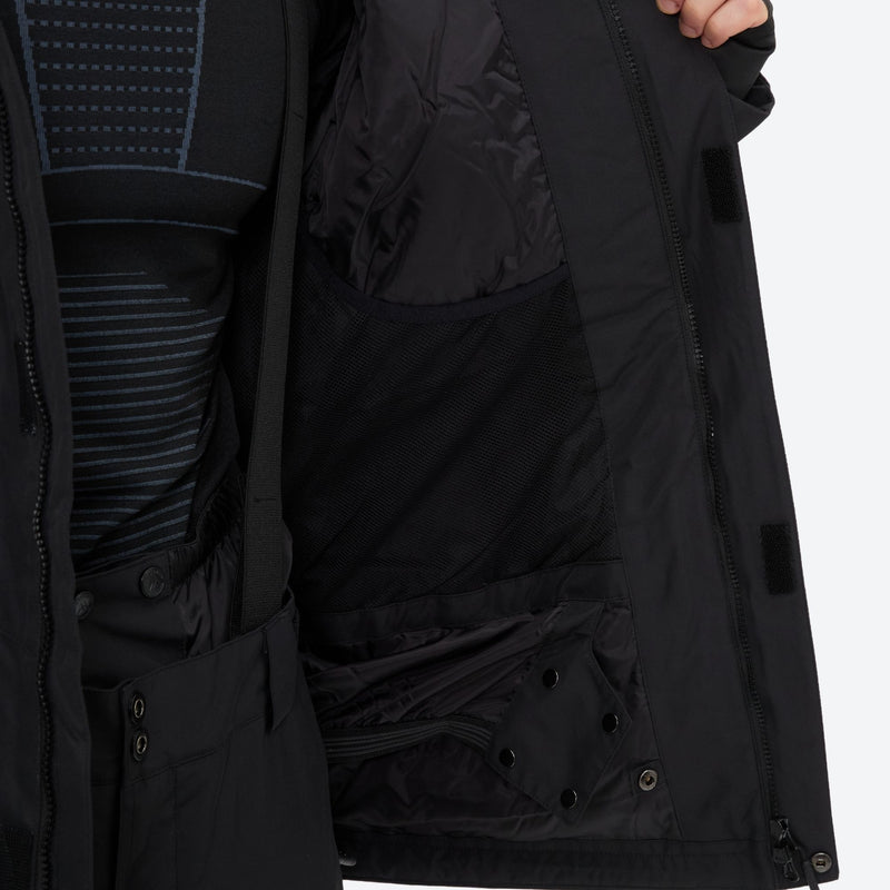 Breathable 2-layer ski jacket with suspender bibs - black, interior lining close-up with hand, for powder and piste riding