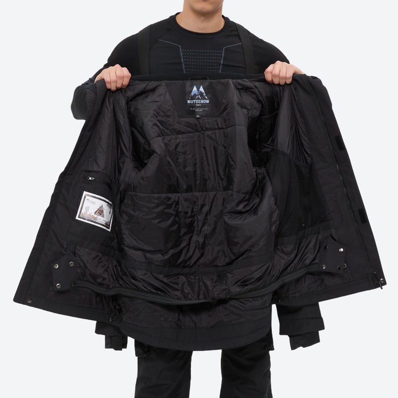 Unisex snowboard jacket and bibs set - black, open front interior lining detail, for skiing and snowboarding