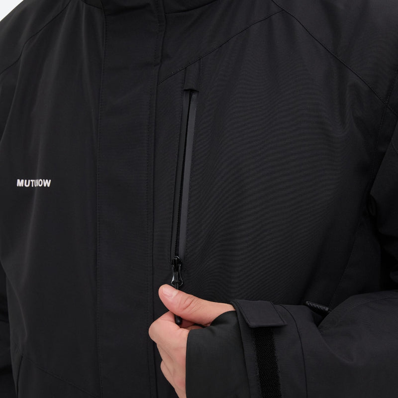 Unisex waterproof 2L snow jacket and bib pants series - black, chest zip close-up with hand, for powder and piste riding