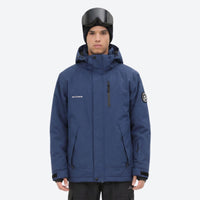 
                  
                    Unisex snowboard jacket and bibs set - navy blue, on-model front with goggles on head, for resort and backcountry days
                  
                