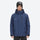 Unisex snowboard jacket and bibs set - navy blue, on-model front with goggles on head, for resort and backcountry days