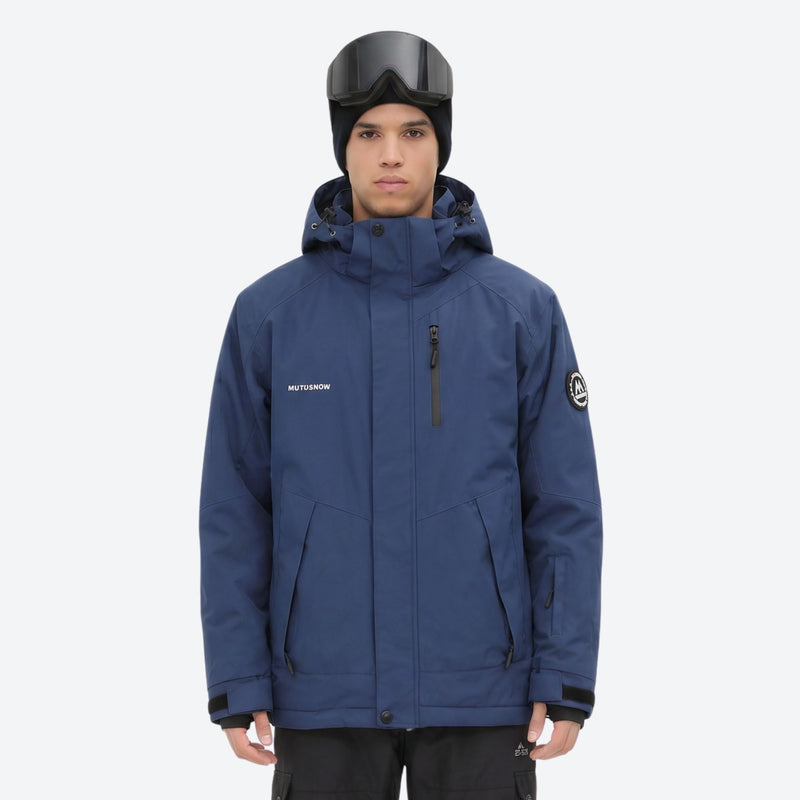Unisex snowboard jacket and bibs set - navy blue, on-model front with goggles on head, for resort and backcountry days