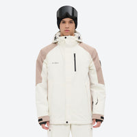
                  
                    Unisex waterproof 2L snow jacket and bib pants series - white and tan colorblock, for cold-weather winter sports
                  
                