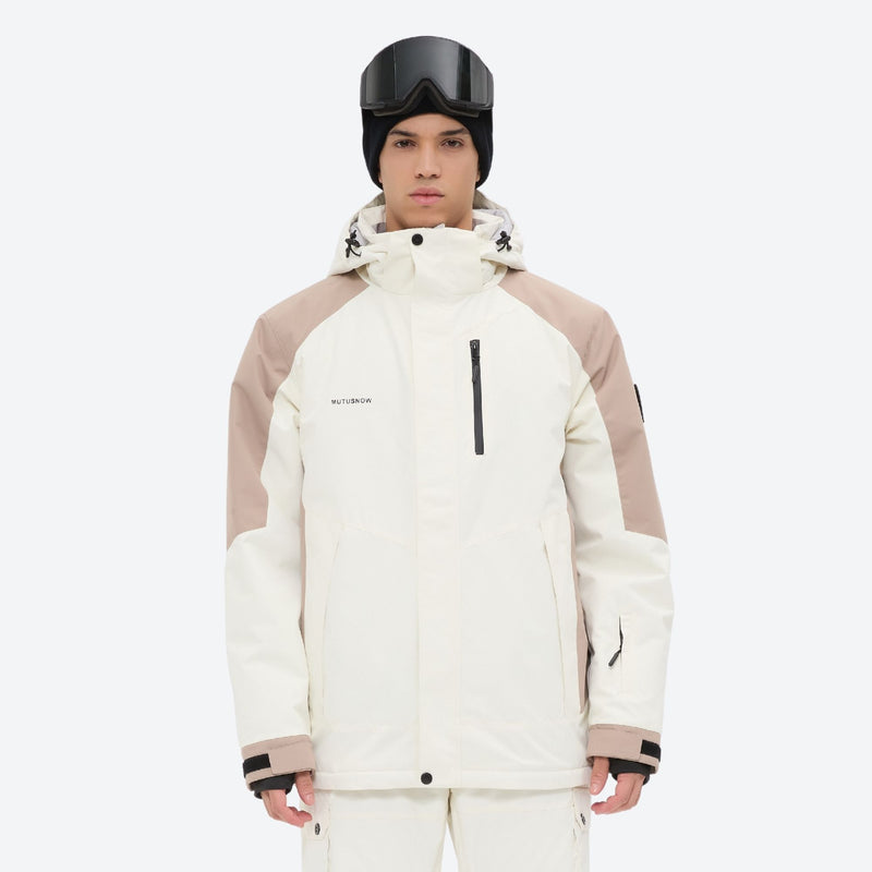 Unisex waterproof 2L snow jacket and bib pants series - white and tan colorblock, for cold-weather winter sports