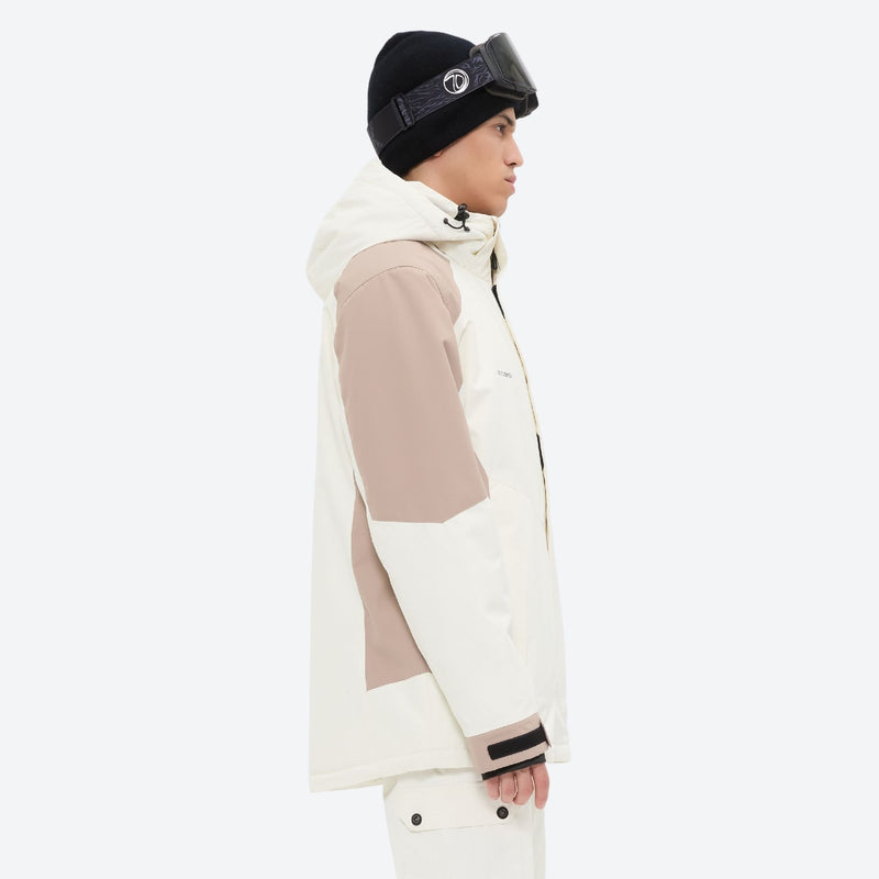 Unisex snowboard jacket and bibs set - white and tan colorblock, on-model side view, for resort and backcountry days