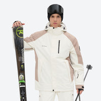 
                  
                    Breathable 2-layer ski jacket with suspender bibs - white and tan colorblock, for resort and backcountry days
                  
                