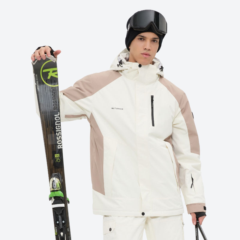 Unisex snowboard jacket and bibs set - white and tan colorblock, for powder and piste riding