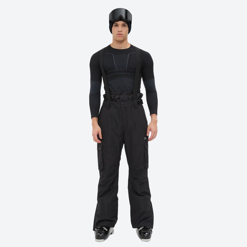 Unisex snowboard jacket and bibs set - black bib pants, on-model front view, for powder and piste riding