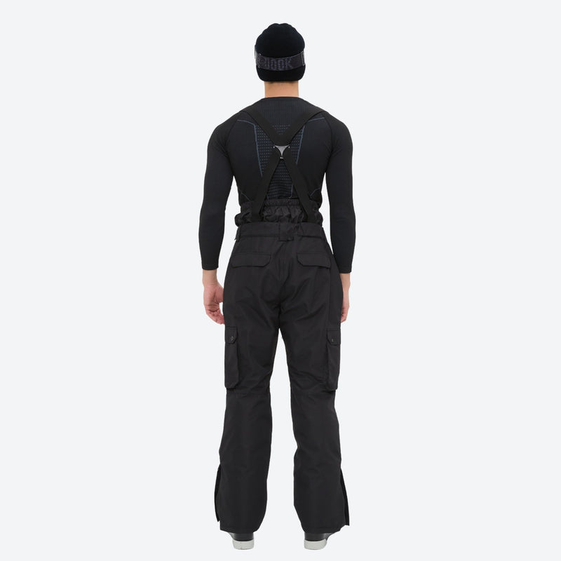 Unisex snowboard jacket and bibs set - black bib pants, on-model back view, for resort and backcountry days