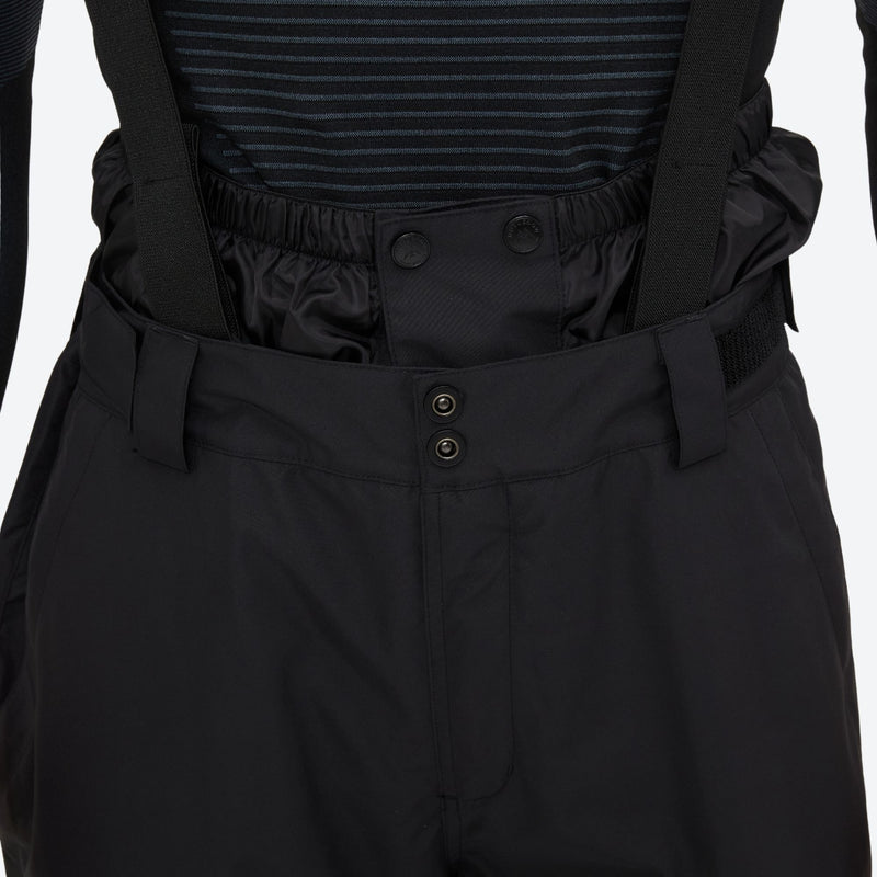 Unisex snowboard jacket and bibs set - black bib pants, bib waist snap close-up detail, for skiing and snowboarding