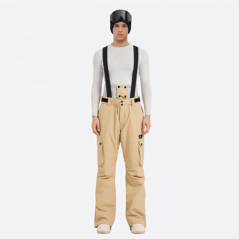 Unisex waterproof 2L snow jacket and bib pants series - tan bib pants, on-model front view, for resort and backcountry days