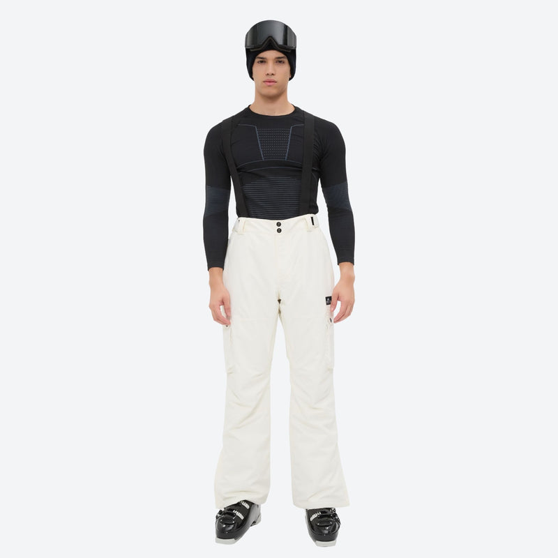 Breathable 2-layer ski jacket with suspender bibs - white snow pants, on-model front view, for cold-weather winter sports