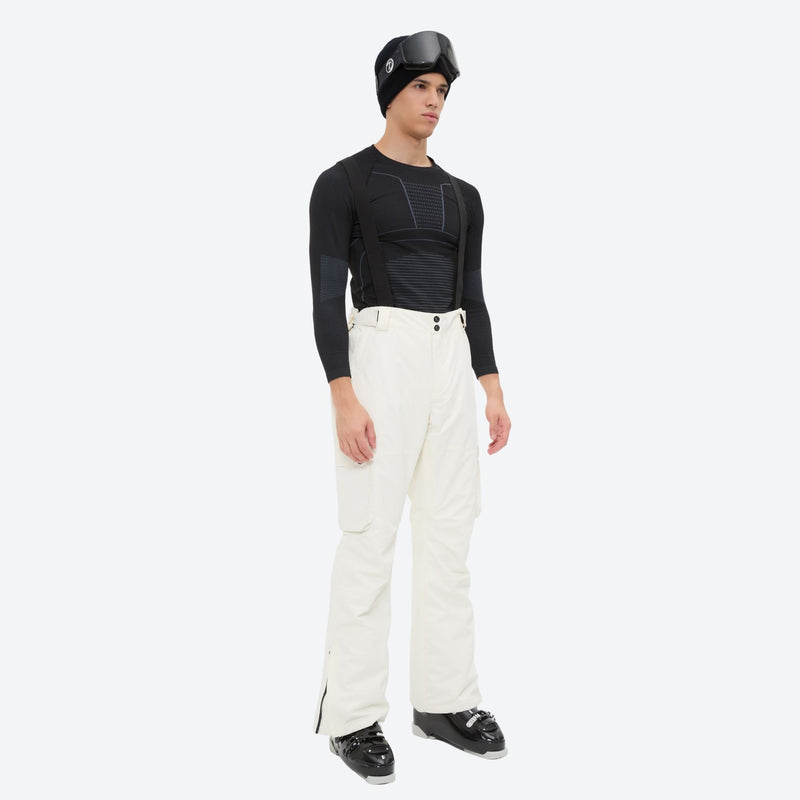Unisex snowboard jacket and bibs set - white snow pants, on-model three-quarter front view, for skiing and snowboarding