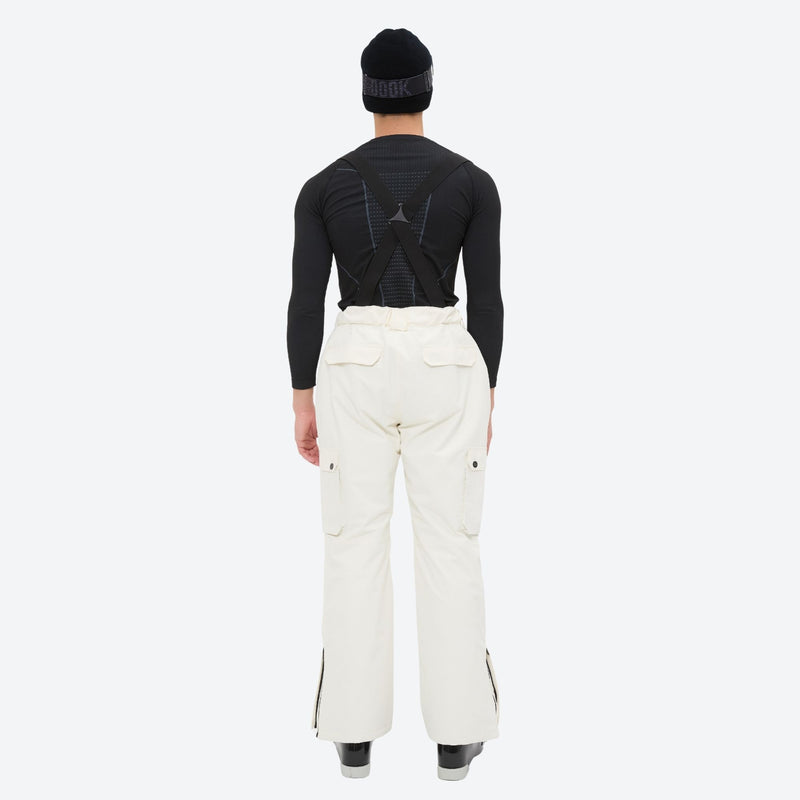 Unisex snowboard jacket and bibs set - white snow pants, on-model back view, for cold-weather winter sports