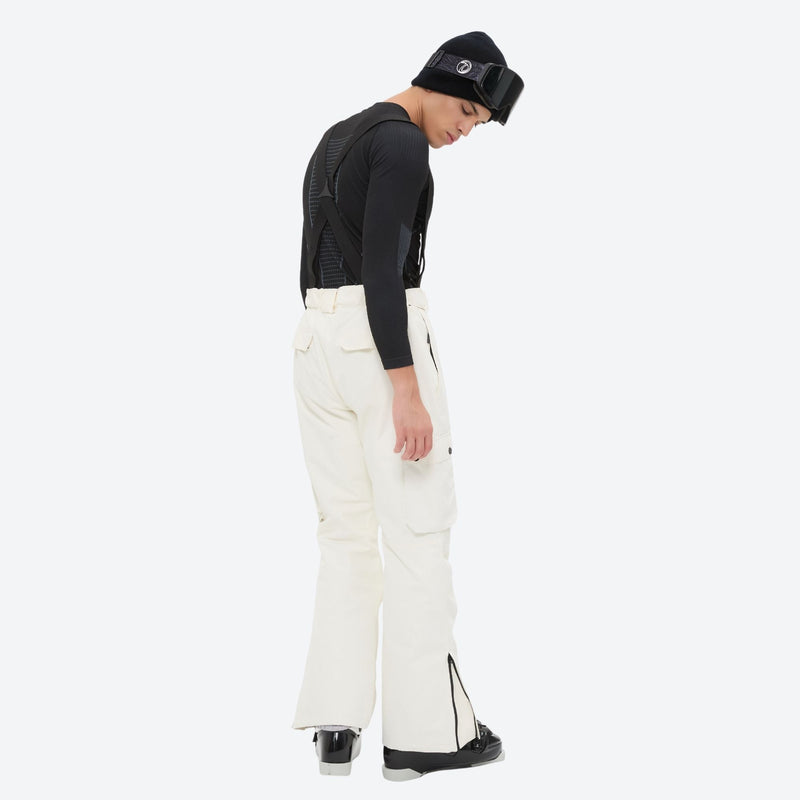Breathable 2-layer ski jacket with suspender bibs - white snow pants, on-model side view, for powder and piste riding