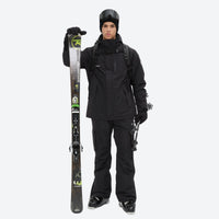 
                  
                    Breathable 2-layer ski jacket with suspender bibs - black, front with upright skis and poles, high storm collar blocks wind
                  
                