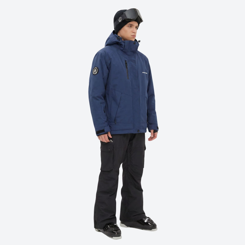 Unisex snowboard jacket and bibs set - navy blue jacket with black pants, on-model side view, for skiing and snowboarding