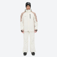 
                  
                    Unisex snowboard jacket and bibs set - white and tan colorblock jacket with white pants, adjustable suspenders on bib pants
                  
                