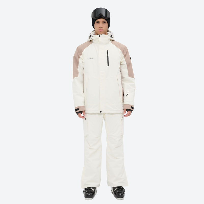 Unisex snowboard jacket and bibs set - white and tan colorblock jacket with white pants, adjustable suspenders on bib pants