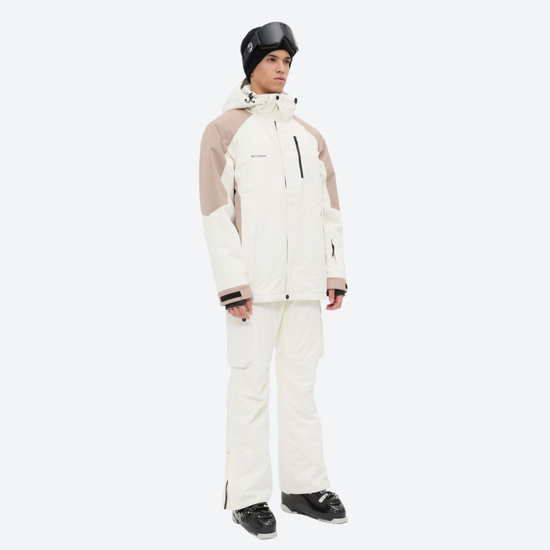 Unisex snowboard jacket and bibs set - white and tan colorblock jacket with white pants, for powder and piste riding