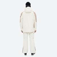 
                  
                    Unisex snowboard jacket and bibs set - white and tan colorblock jacket with white pants, for resort and backcountry days
                  
                