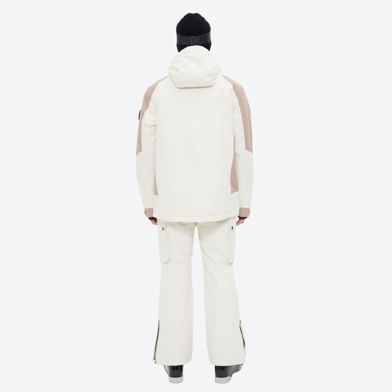 Unisex snowboard jacket and bibs set - white and tan colorblock jacket with white pants, for resort and backcountry days