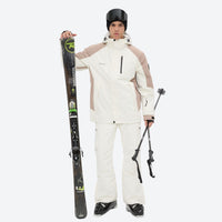 
                  
                    Unisex waterproof 2L snow jacket and bib pants series - white and tan colorblock jacket with white pants
                  
                