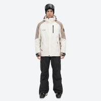 
                  
                    Unisex waterproof 2L snow jacket and bib pants series - white and tan colorblock jacket with black pants
                  
                