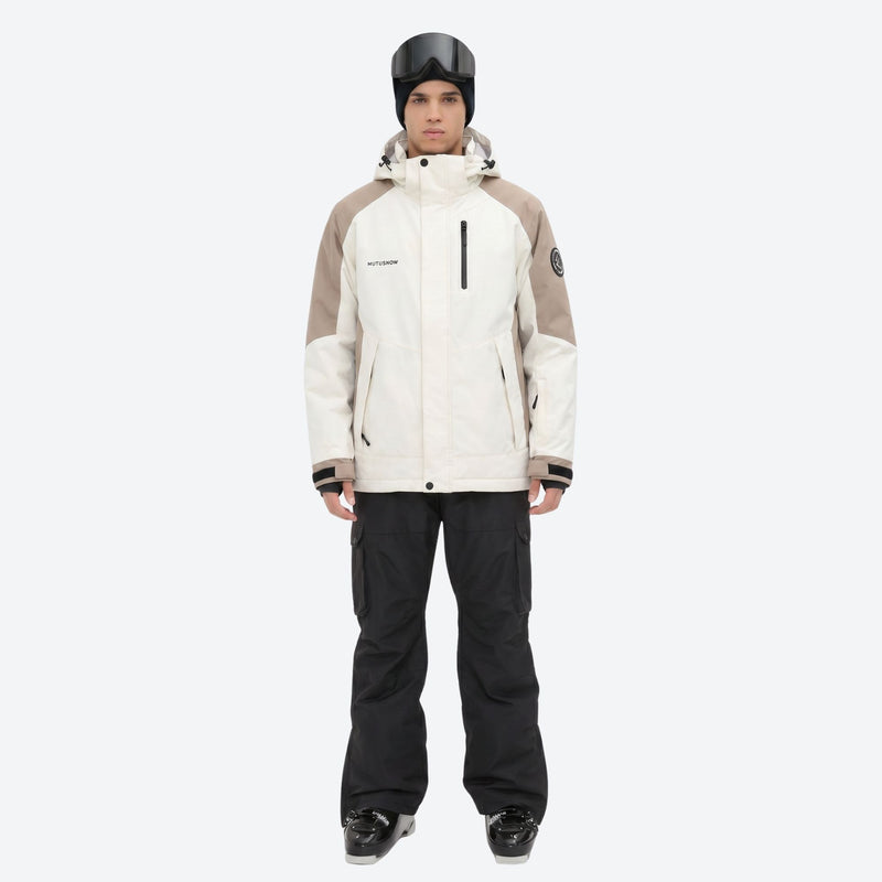 Unisex waterproof 2L snow jacket and bib pants series - white and tan colorblock jacket with black pants