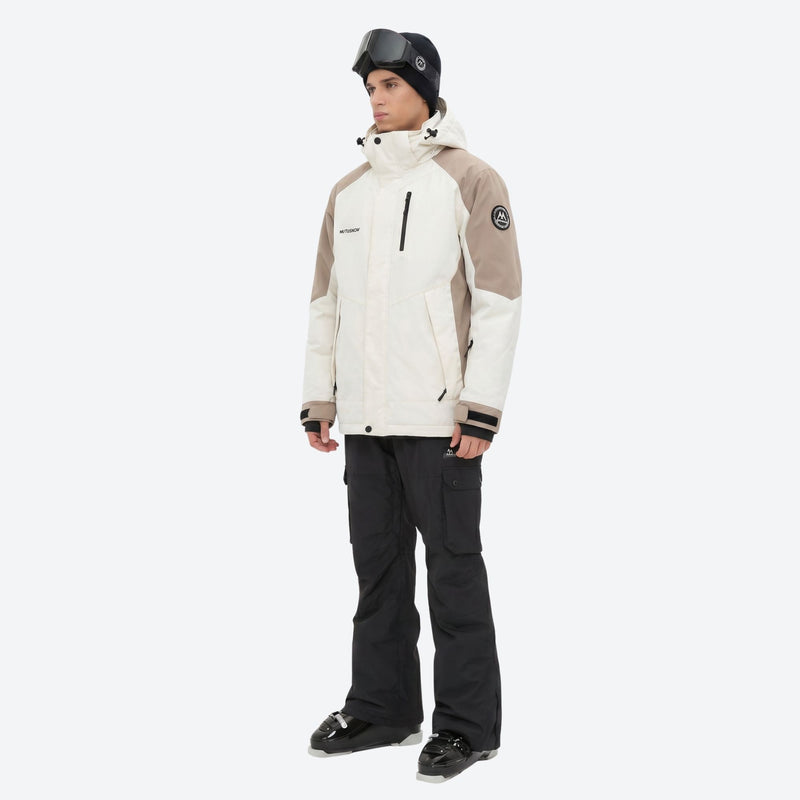 Breathable 2-layer ski jacket with suspender bibs - white and tan colorblock jacket with black pants